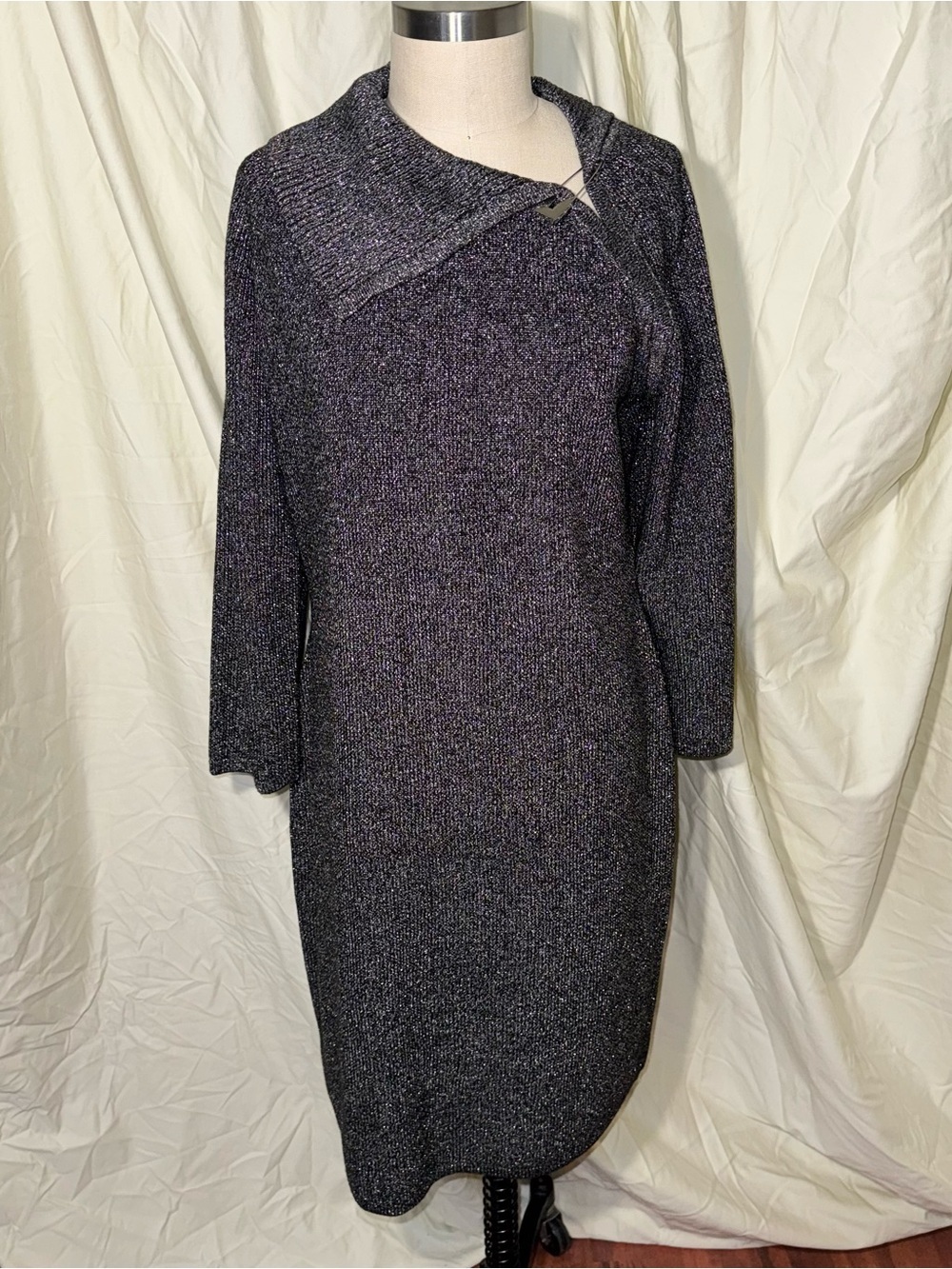 Calvin Klein XL Metallic Knit Sweater Dress Asymmetrical Cowl Neck Shimmer
